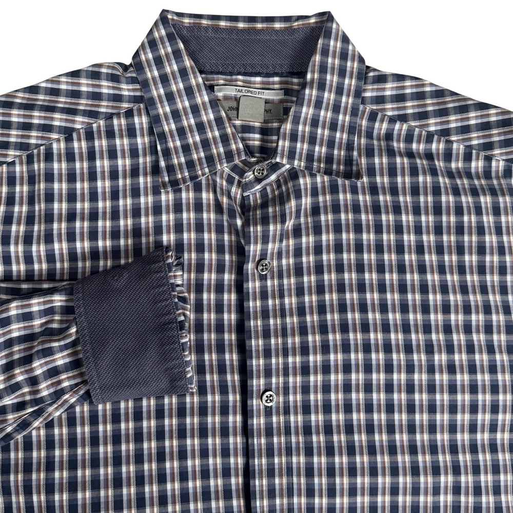 Johnston & Murphy Mens Large Tailored Fit Plaid Button Down Shirt Navy Flip Cuff